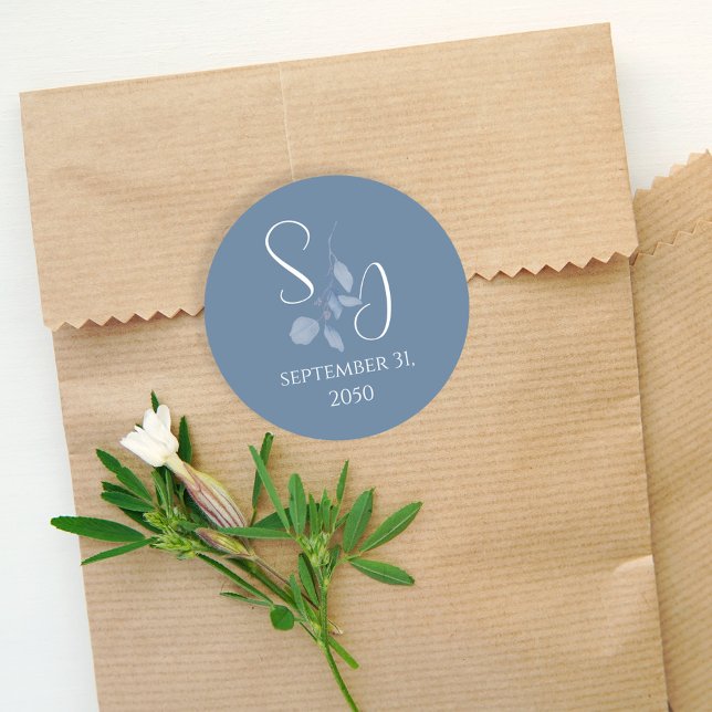 Wedding Simple Minimalist Blue Floral Monogram Classic Round Sticker (Creator Uploaded)