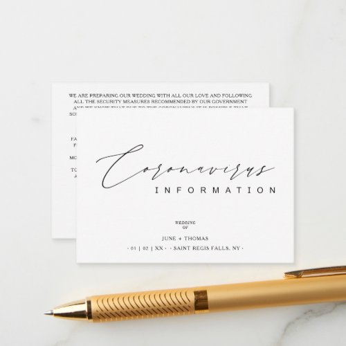 Wedding Simple Minimalist Coronavirus Information Enclosure Card