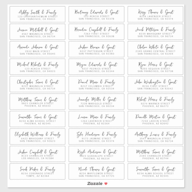 Wedding Simple Modern Chic Guest Names Address  Sticker (Sheet)