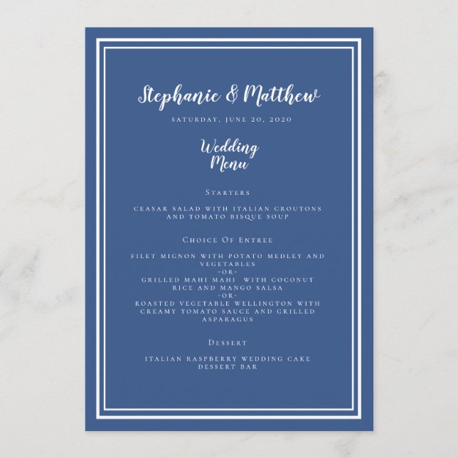 Wedding Simple Modern Minimalist Blue Guest Dinner Menu (Front)