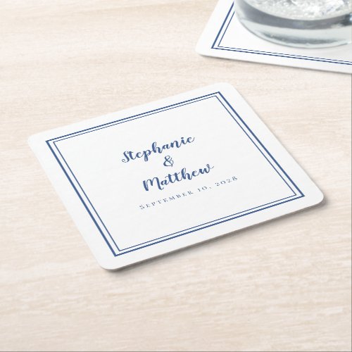 Wedding Simple Modern Minimalist Script White Blue Square Paper Coaster