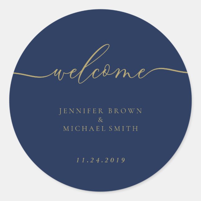 Wedding Simple Navy Gold Script Welcome Classic Round Sticker