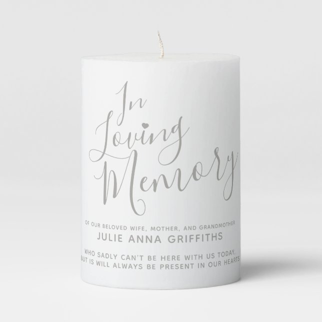 Wedding single memorial gray white custom script pillar candle (Front)