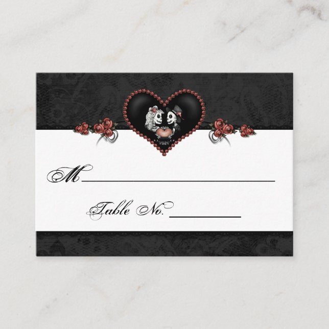 Wedding Skeleton Black & Gray Heart Place Cards (Front)