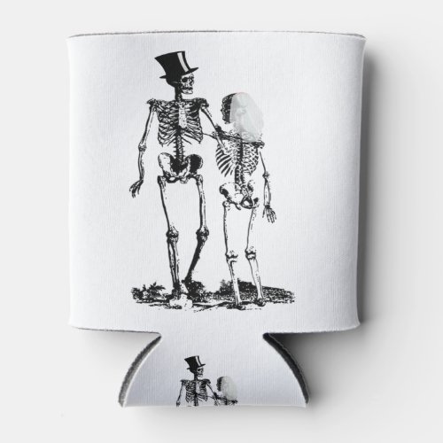 Wedding Skeleton Couple Vintage Image in Black Can Cooler