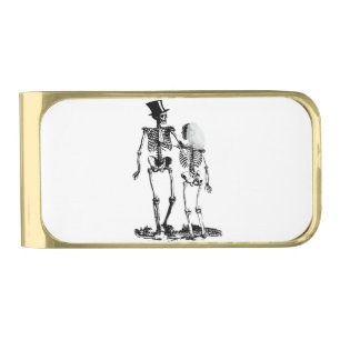 Wedding Skeleton Couple Vintage Image in Black Gold Finish Money Clip