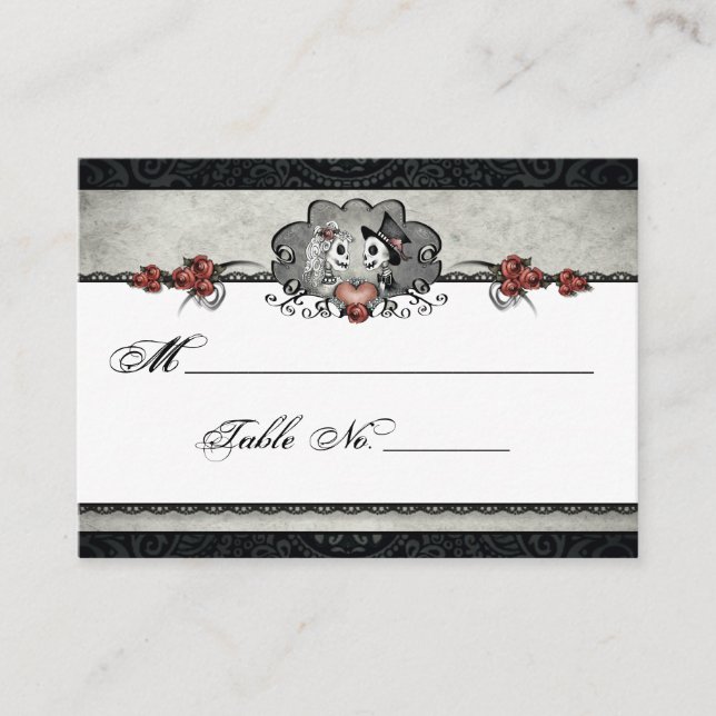 Wedding Skeleton Halloween Black & Gray Place Card (Front)