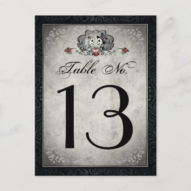 Wedding Skeletons Black Gray & Heart Table Numbers (Front)
