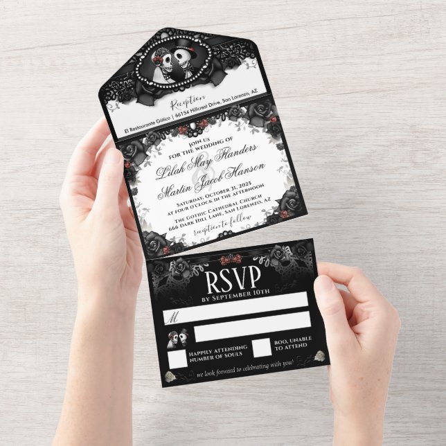 Wedding Skeletons Black & Red Rose Elegant All In One Invitation (Tearaway)