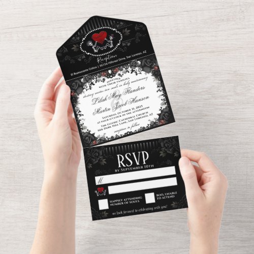 Wedding Skeletons Heart Black White _Together With All In One Invitation