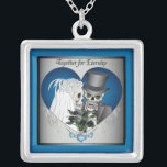 Wedding Skulls - Blue Silver Plated Necklace<br><div class="desc">Happy bride and groom wedding skulls set in a blue and silver heart frame with TOGETHER FOR ETERNITY text.</div>