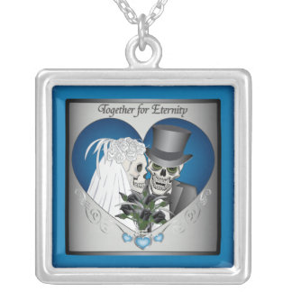Wedding Skulls - Blue Silver Plated Necklace