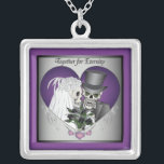 Wedding Skulls - Purple Silver Plated Necklace<br><div class="desc">Happy bride and groom wedding skulls set in a purple and silver heart frame with TOGETHER FOR ETERNITY text.</div>