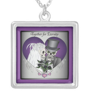 Wedding Skulls - Purple Silver Plated Necklace