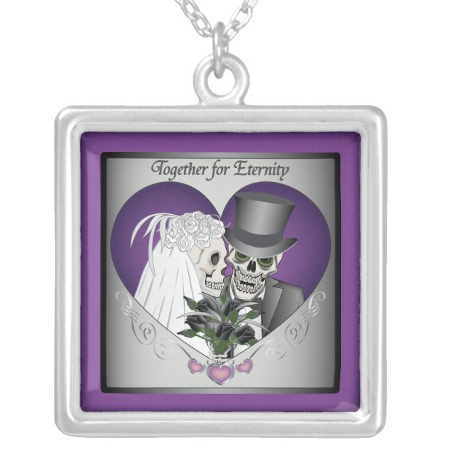Wedding Skulls - Purple Silver Plated Necklace (Front)