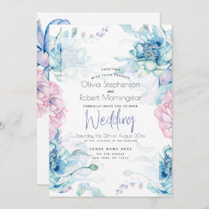 Wedding   Sky Blue and Bubblegum Pink Peonies Invitation