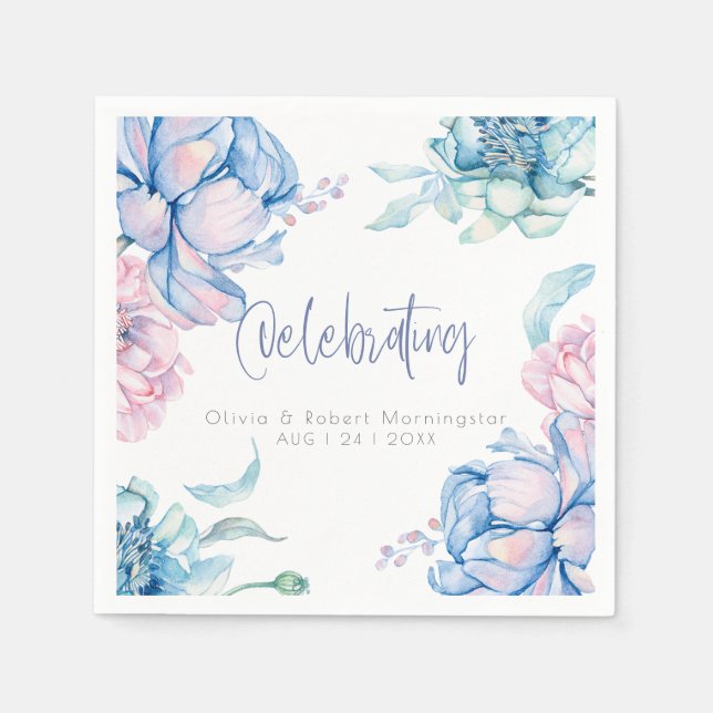 Wedding | Sky Blue and Bubblegum Pink Peonies Napkins (Front)