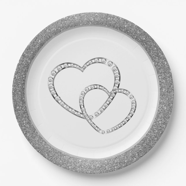 Wedding SLVR Glitter 9" Paper Plates-Two Hearts Paper Plates (Front)