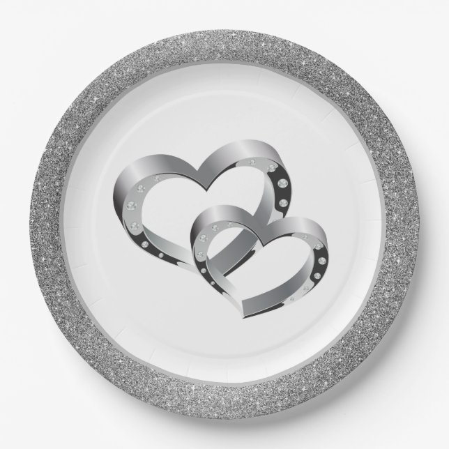 Wedding SLVR Glitter 9" Paper Plates-Two Hearts Plates (Front)