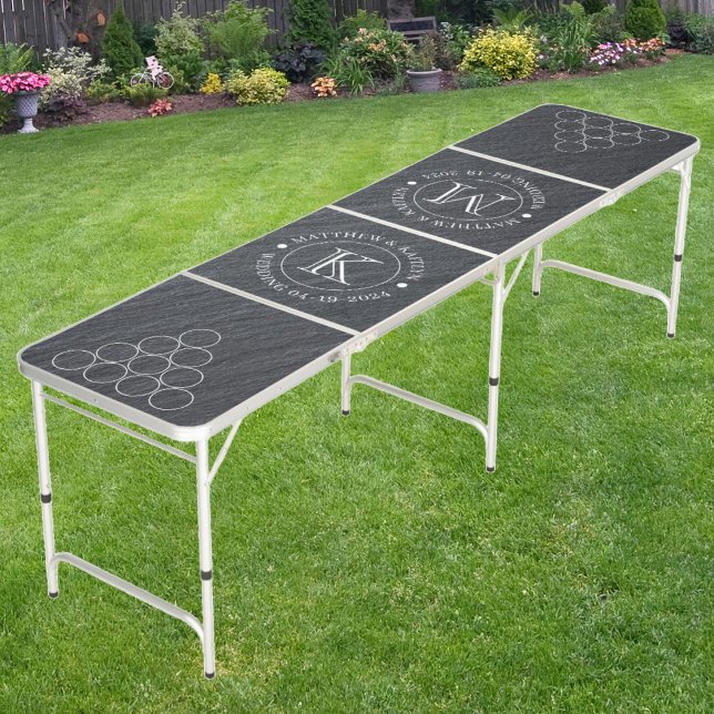 Wedding Smooth Dark Granite Stone Name & Initials Beer Pong Table (Creator Uploaded)