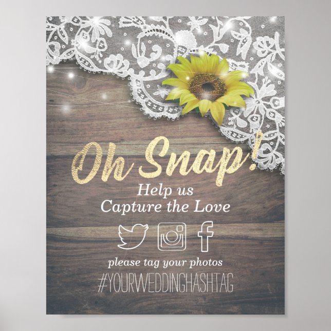 Wedding Snap Hashtag Lace Sunflower Wood Lights Poster (Front)