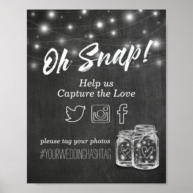 Wedding Snap Hashtag Mason Jar Lights Chalkboard Poster (Front)