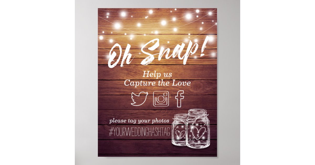 Wedding Snap Hashtag Rustic Wood Mason Jar Lights Poster | Zazzle.com