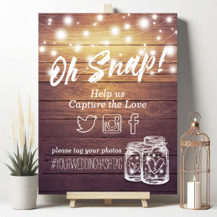 Wedding Snap Hashtag Rustic Wood Mason Jar Lights Poster