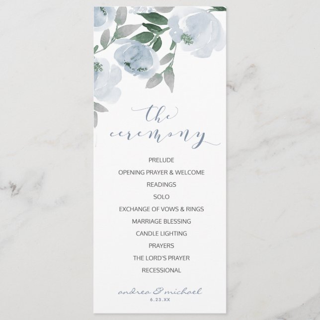 Wedding Soft Romantic Watercolor Dusty Blue Gray Program (Front)