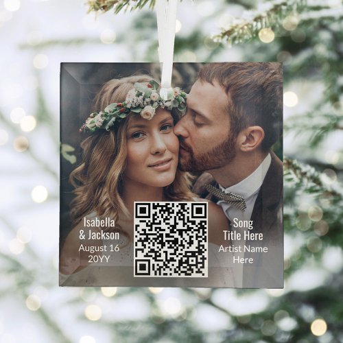 Wedding Song or Playlist QR Code  Photo Newlyweds Glass Ornament
