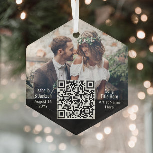 Wedding Song QR Code & Photo Newlyweds Hexagon Glass Ornament
