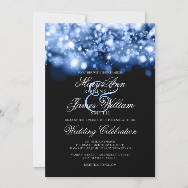 Wedding Sparkling Lights Sapphire Blue Invitation (Front)