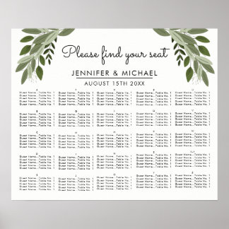 Alphabetical Seating Chart Posters Zazzle Wedding Sprigs Alphabetical Seating Chart