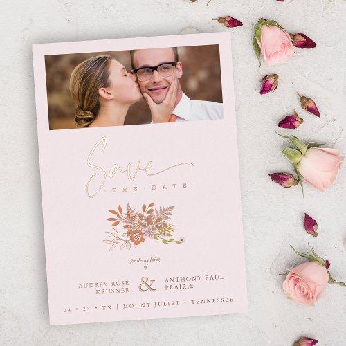 Wedding Spring Floral Pink Photo  Foil Invitation