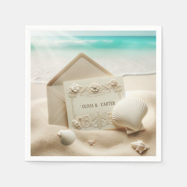 Wedding Stationery In Ocean Beach Sand Napkins (Front)