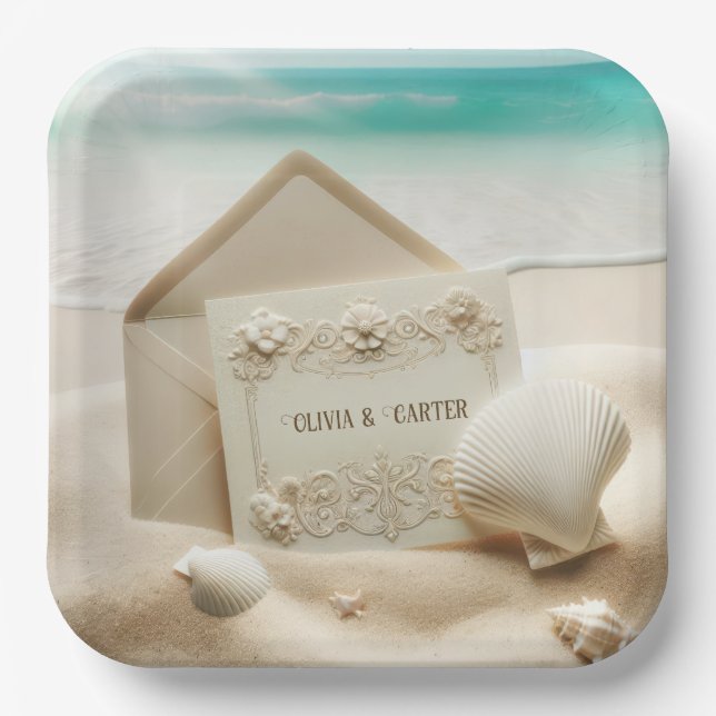 Wedding Stationery In Ocean Beach Sand Paper Plates (Front)