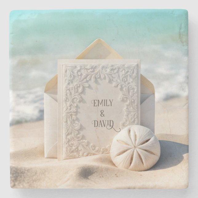 Wedding Stationery With Beach Sand Dollar Stone Coaster (Front)