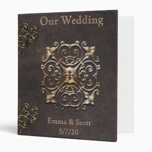 Wedding Steampunk Vintage Rustic Leather Gold 3 Ring Binder