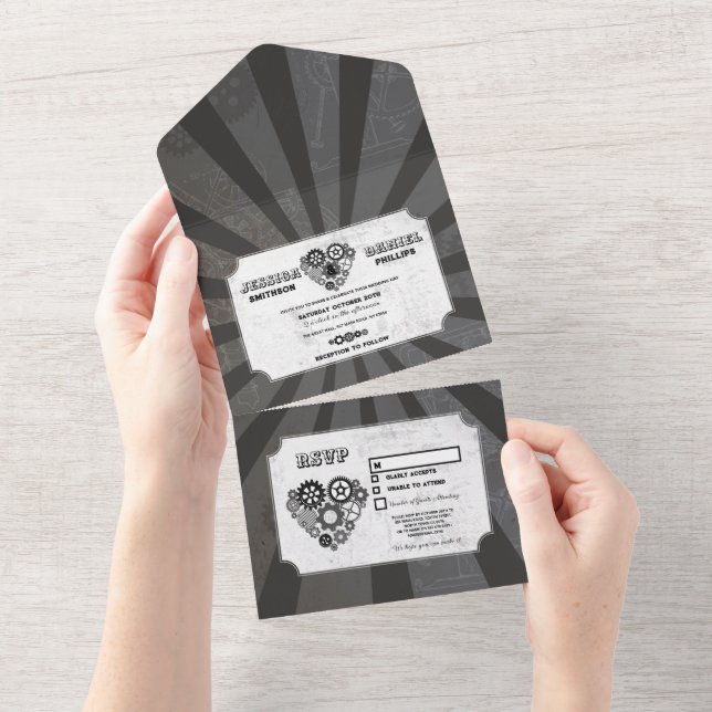 Wedding Steampunk Wedding Hearts Cog Invite & RSVP (Tearaway)