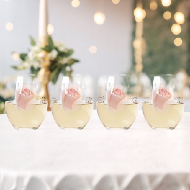 Wedding Stemless Wine Glasses Peach Pink Rosebud (Insitu (Wedding))