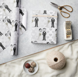 Wedding Stick Figure Bride and Groom on Hearts Wrapping Paper