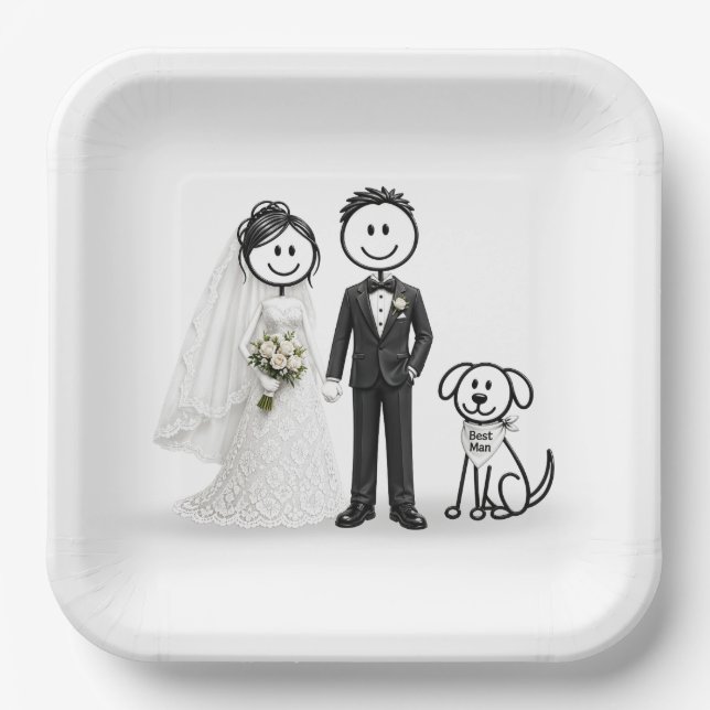 Wedding Stick Figures with Best Man Dog Paper Plates (Front)