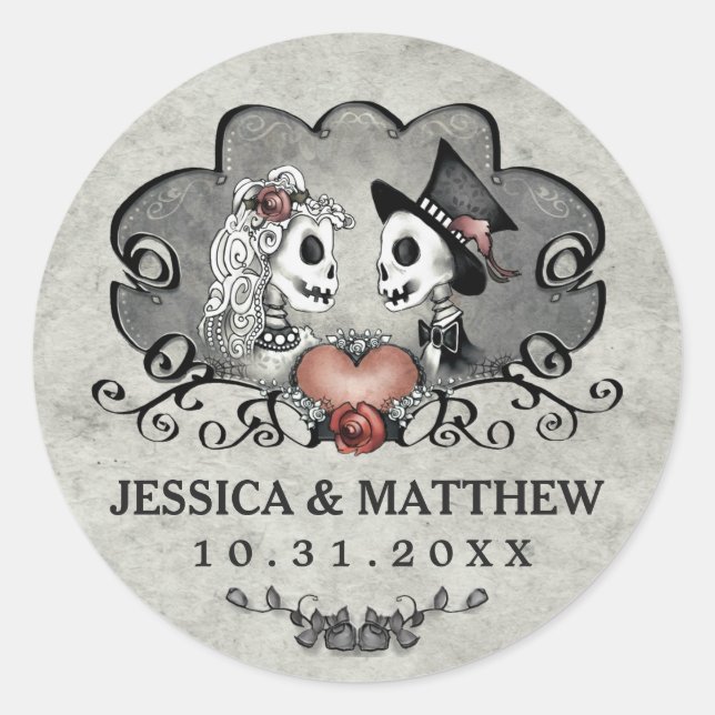 Wedding Sticker - Black & Gray Skeletons & Heart (Front)