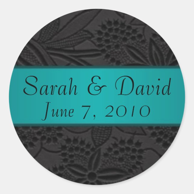 Wedding sticker black with teal ribbon (Front)