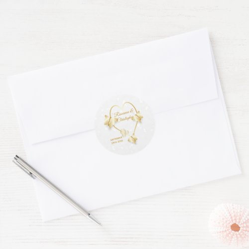 Wedding Sticker Gold Coloured Heart Butterflies