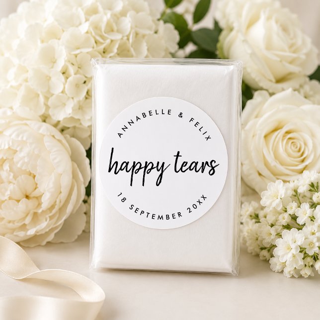 Wedding Sticker | Happy Tears Tissue Packet Label (Personalized happy tears tissue packet sticker for ceremony seats and wedding guests.)