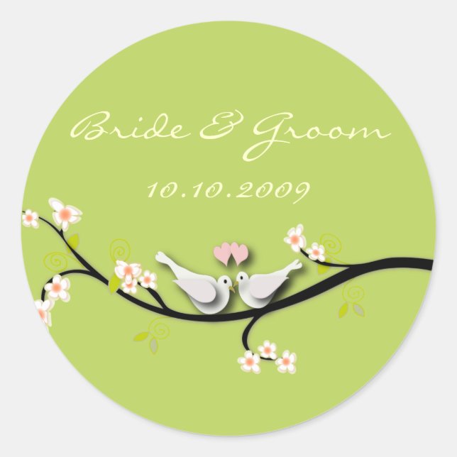 Wedding Sticker love doves + blossoms branch (Front)