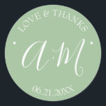 Wedding Stickers Template Green Monogram<br><div class="desc">These simple wedding stickers feature the bride and groom's monogrammed initials in white typography over a modern sage green background. Use the template fields to add your custom text. An elegant yet modern choice for weddings and bridal shower favors.</div>