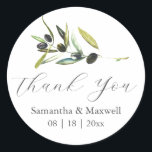 Wedding Stickers Thank You Simple Olive Branch<br><div class="desc">These wedding stickers feature the words "Thank You" set in trendy script typography. Use the template fields to add your custom names and wedding date. A single watercolor olive branch adorns the top. Explore the full matching olive branch wedding stationery suite here: https://www.zazzle.com/collections/rustic_wedding_ideas_watercolor_olive_branch-119151338630521792 Watercolor art and design by Victoria Grigaliunas...</div>