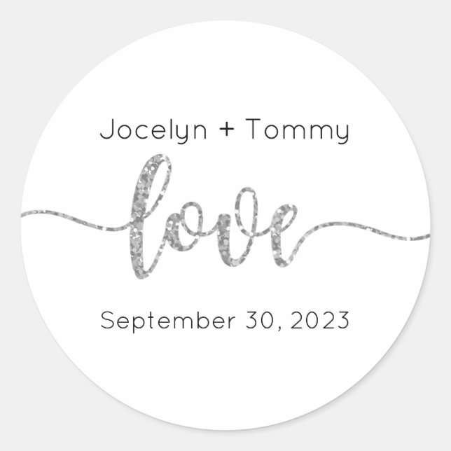 Wedding Stickers, Wedding Labels, Script, Love Classic Round Sticker (Front)